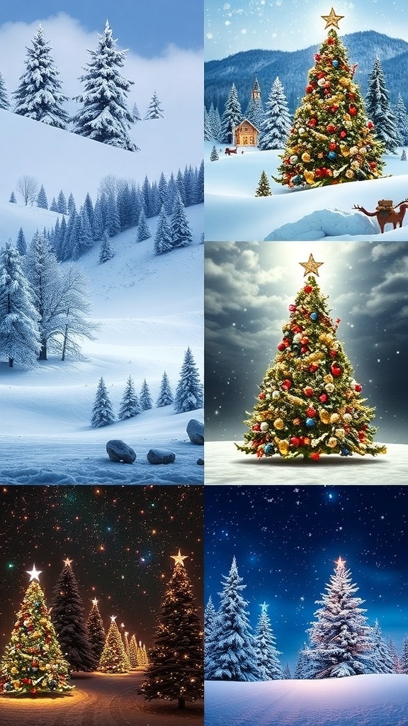 A collection of Christmas backgrounds for iPad featuring winter scenes, Christmas trees, and holiday patterns.